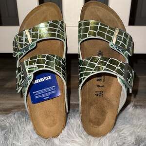 Birkenstock Arizona Gator Gleam Green Two-Strap Comfort Sandals
